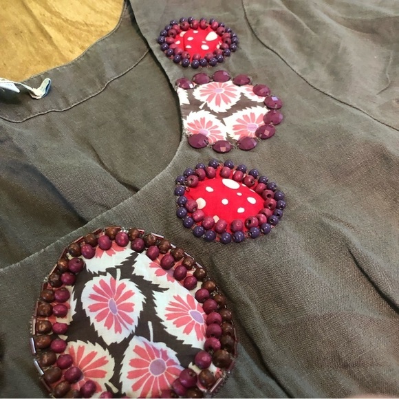 Boden 100% Linen Beaded Artsy Patch Side Zip Olive Mini Dress Womens Size 10 - Picture 4 of 11